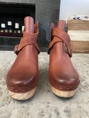 Free People Rust Brown Leather Platform Clog Booties with Suede Strap